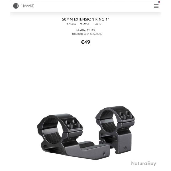 Colliers dcals HAWKE diam. 1 pouce (25,4 mm) rail Picatinny (dcalage 50mm) ref. 22125