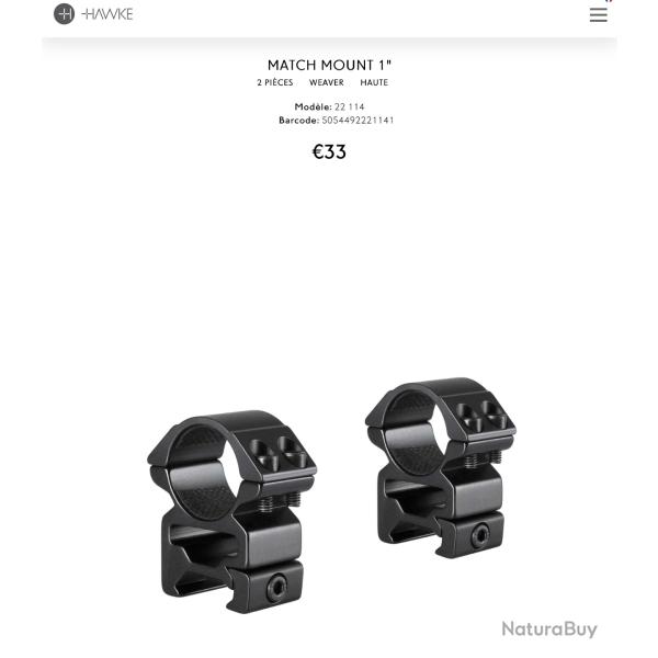 Colliers hauts HAWKE diam�tre 1 pouce (25,4 mm) rail Picatinny r�f. 22114