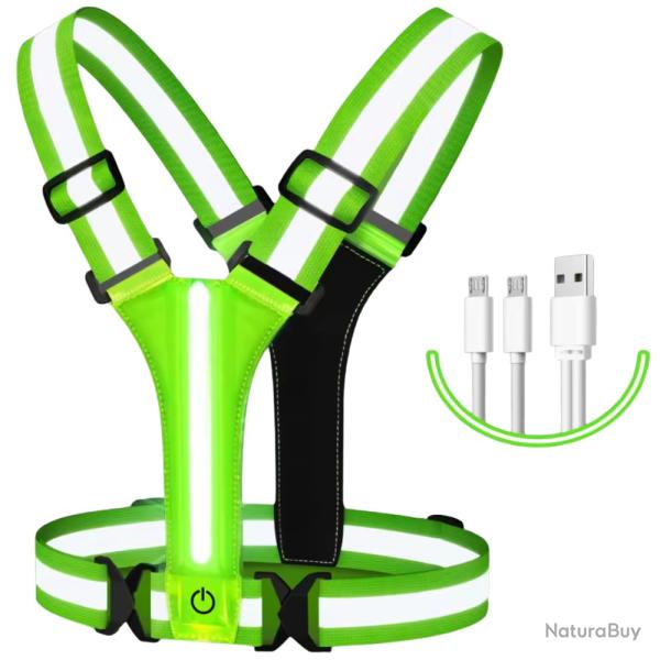 Gilet LED r�fl�chissant rechargeable USB - Haute visibilit� course v�lo nuit Vert