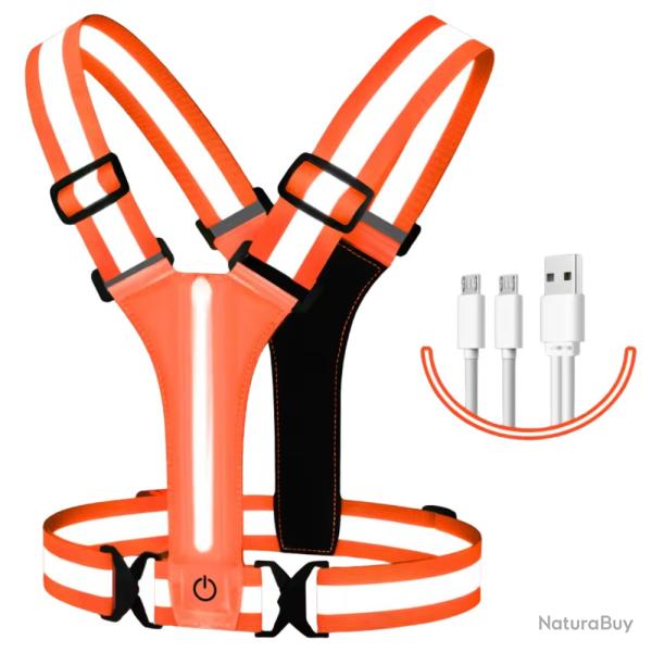 Gilet LED r�fl�chissant rechargeable USB - Haute visibilit� course v�lo nuit Orange