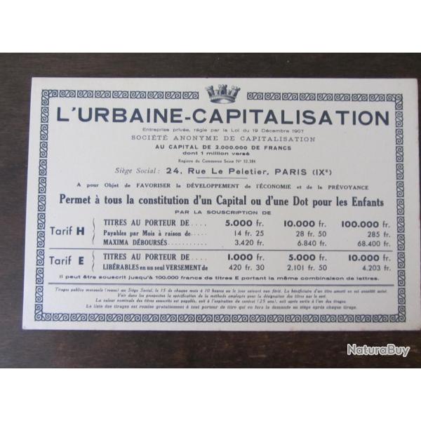 Buvard publicitaire L'urbaine - Capitalisation 1920