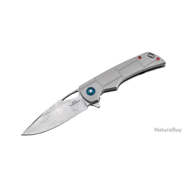 Boker Couteau P-51 Damast - Lame 85mm - Manche Titane - Clip/Etui Nylon