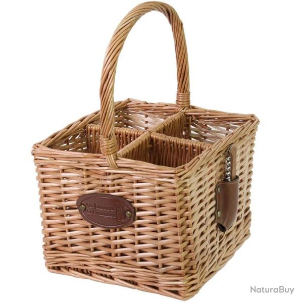 Panier carr� en osier pour 4 bouteilles avec tire-bouchon