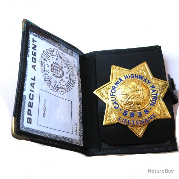 Plaque police US California Highway patrol Lieutenant 5838 avec cuir ref bo 102