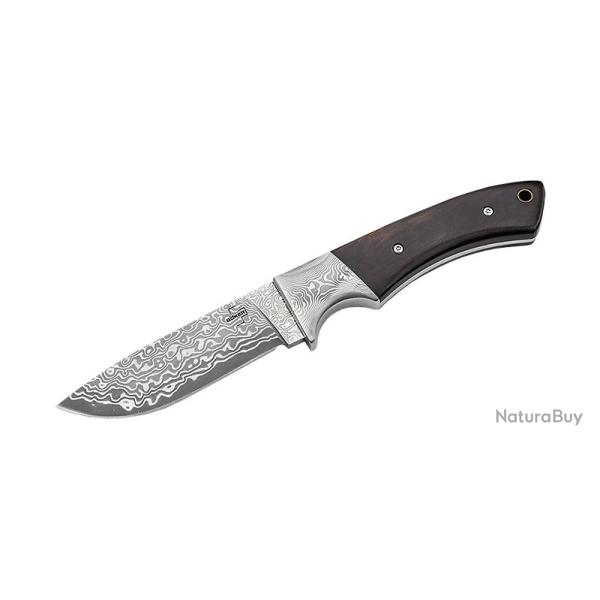 Boker Couteau M-One Damast - Lame 90mm - Manche Eb�ne - Trou pour dragonne - Etui cuir