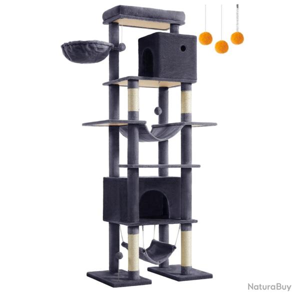 Arbre � chat 201 cm forme de tour taille xxl multi-niveaux 1 plateforme 1 panier 2 niches 2 hamacs