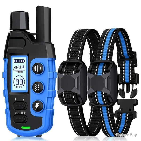 2 X Colliers de Dressage lectrique pour Chiens Tlcommande 2600 m tanche IP67 Rechargeable Bleu