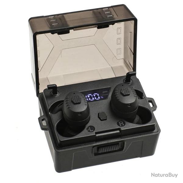 Bouchons d'oreille Electroniques Antibruit Bluetooth NRR27dB Chasse Tir Tactique Musique Noir