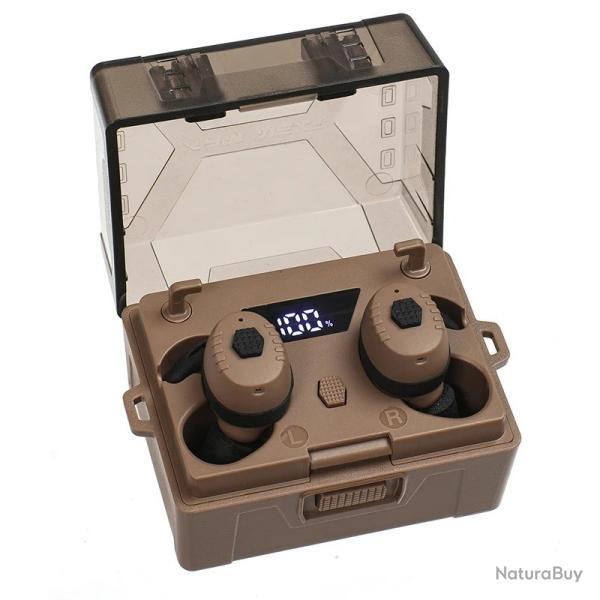 Bouchons d'oreille Electroniques Antibruit Bluetooth NRR27dB Chasse Tir Tactique Musique Marron