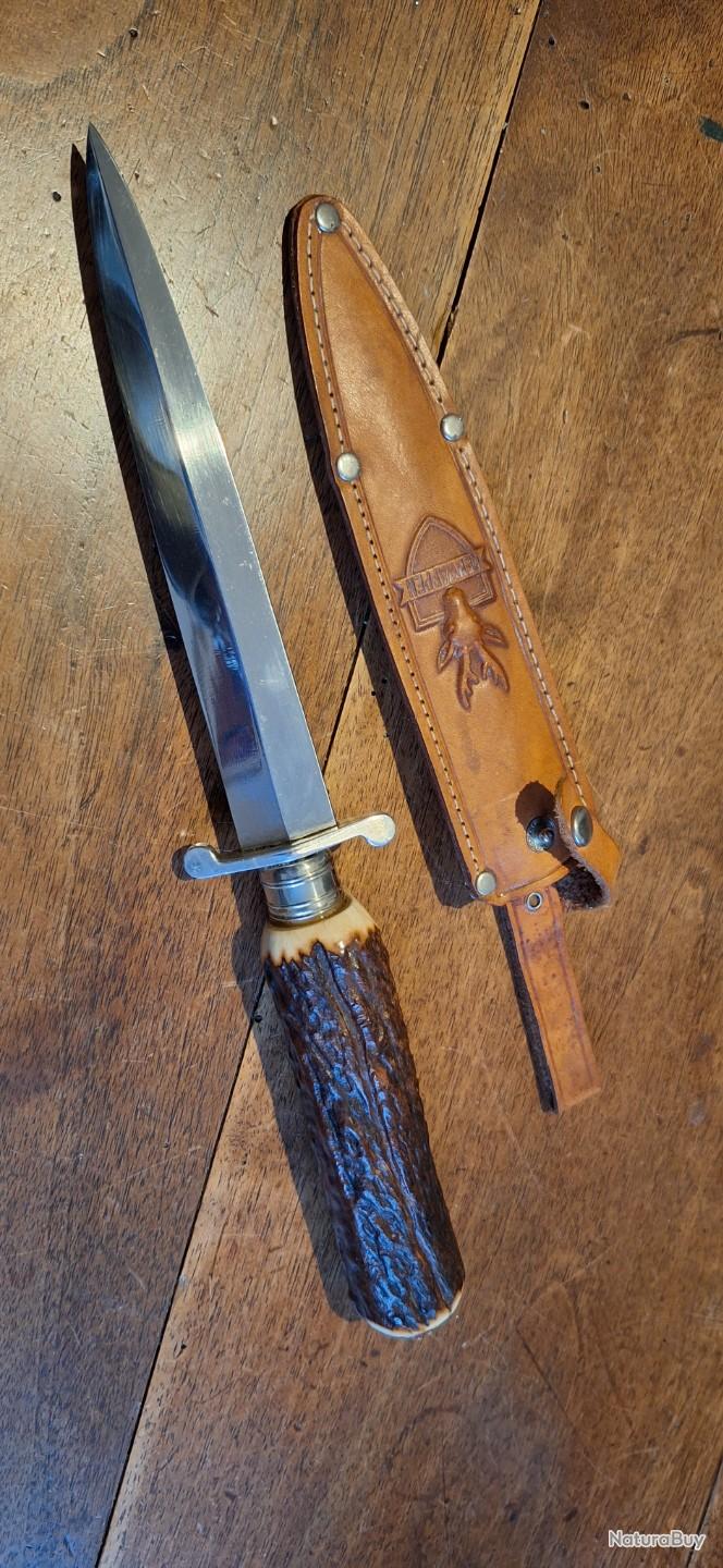 Couteau de chasse Hubertus Solingen – manche bois de cerf – avec étui cuir - Collection