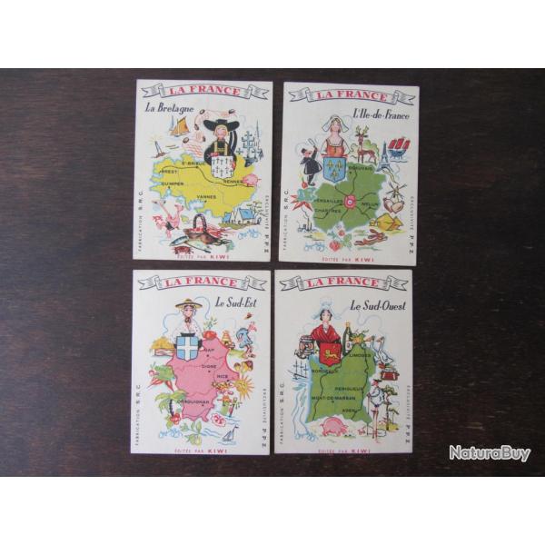 4 Chromos publicitaires Kiwi "La France" 1950