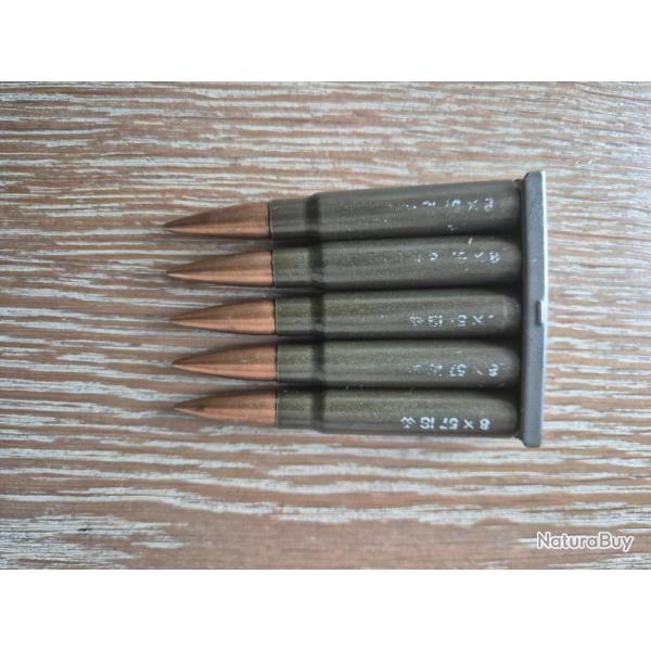 5 Cartouches mauser douille verte 8 x 57 neutralis�e seconde guerre IS ou JS avec symbole aigle ww2