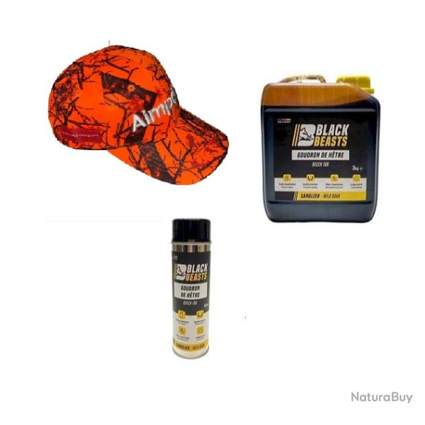 Wahoo ! Pack Goudron v�g�tale de h�tre BLACK BEASTS Bidon 3 KG + spray 500ml+ casquette AIMPOINT