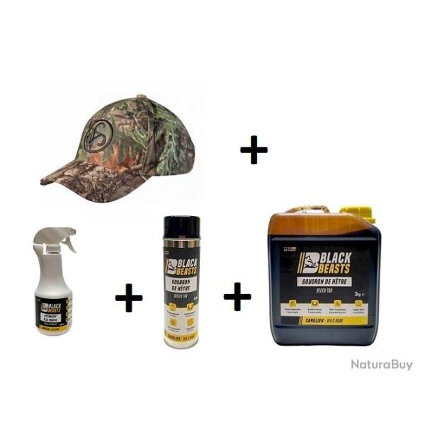 Wahoo ! Pack Goudron vgtal htre BLACKBEASTS Bidon 3KG+spray 500ml+spray truffe 500ml + casquette