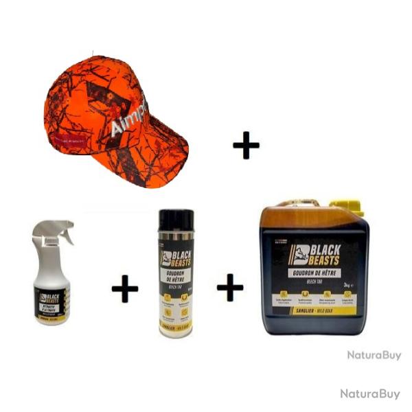 Wahoo ! Pack Goudron v�g�tal h�tre BLACKBEASTS Bidon 3KG+spray 500ml+spray truffe 500ml + casquette