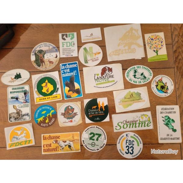 Lot de 23 autocollants de chasse , fdrations.des chasseurs