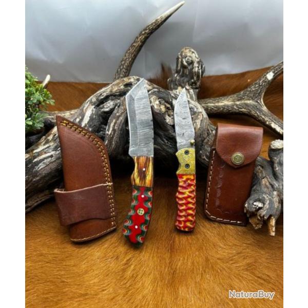 Deux couteaux Damas - 1 pliant - 1 droit