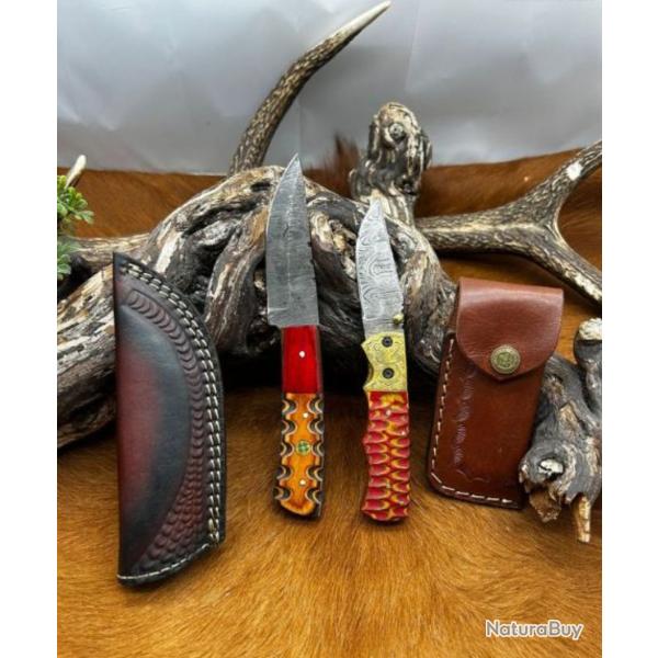 Paire couteaux Damas - 1 pliant - 1 droit (3)