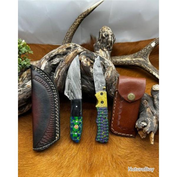 Une Paire de couteaux Damas - 1 pliant - 1 droit (3)