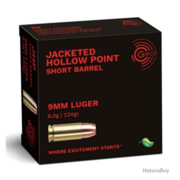 Cartouche GECO 9mm 124gr JHP - Jacketed Hollow Point - Bte de 20