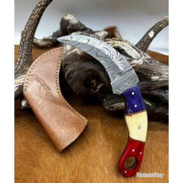 Couteau Karambit Lame Acier DAMAS 256 couches manche en os (4)
