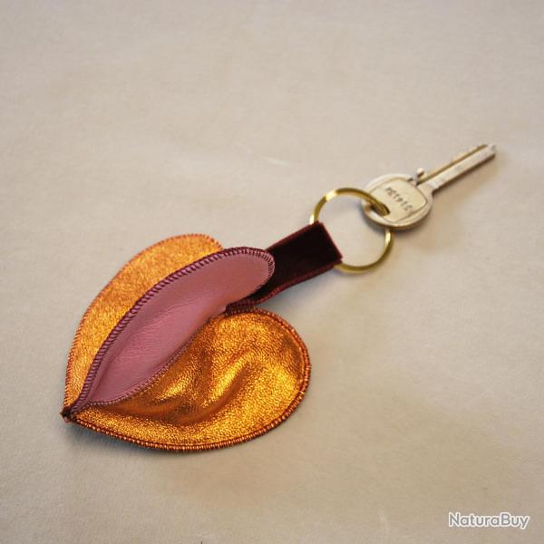 Porte clef et bijoux de sac Stella triple face en cuir iris� orange rose et bordeaux  Argent