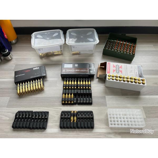 Lot munition 222 Remington + douilles + boite