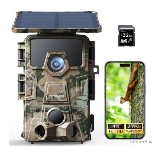 Camra de Chasse Solaire 4K 60MP - Vision Nocturne | Carte SD 32 Go Incluse