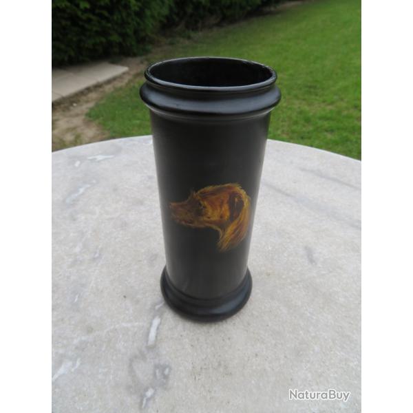 Ancien pot a crayon en papier mch couleur noir  dcor polychrome peint de chiens (Milieu XIX)