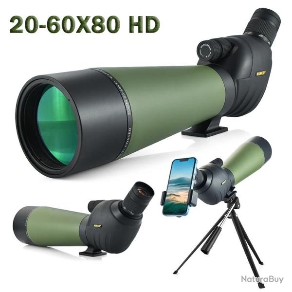 Longue-Vue 20-60x80 HD avec Prisme BAK4 Double Mise au Point Oculaire Coud� 45� + Tr�pied Vert/Noir