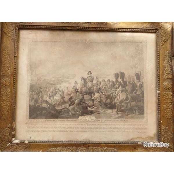Lithographie ancienne XIXe Bataille d'Essling 1809 Napol�on encadrement d'�poque