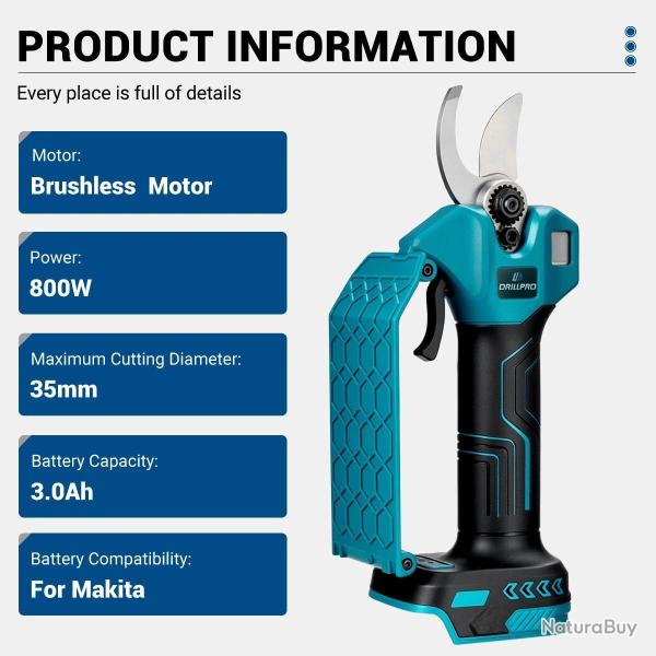 S�cateur �lectrique Drillpro 21V 800W,diam�tre de branche de 35 mm sans batterie compatible Makita