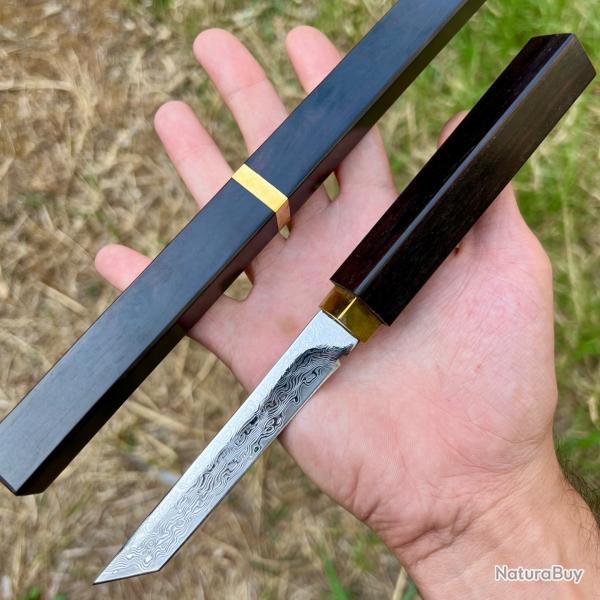 Couteau lame fixe acier damas Tanto style japonais �tui int�gral bois d'�b�ne collection custom #311