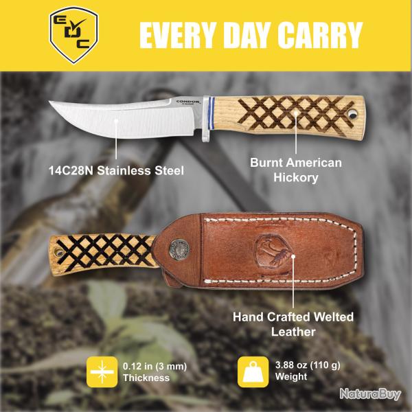 Couteau Condor Woodspirit Hiker Lame Acier 14C28N Manche Noyer Etui Cuir Salavador CTK82611SK