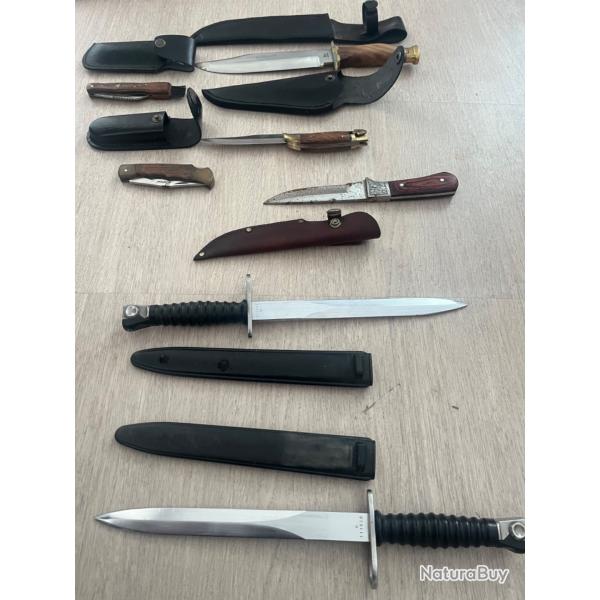 Collection de couteaux de chasse et dagues militaires avec �tuis en cuir