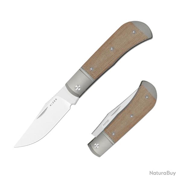 Couteau Kizer Trestle Lame Acier 14C28N Manche Titane/Brown Micarta Slip Joint KIV3761A1