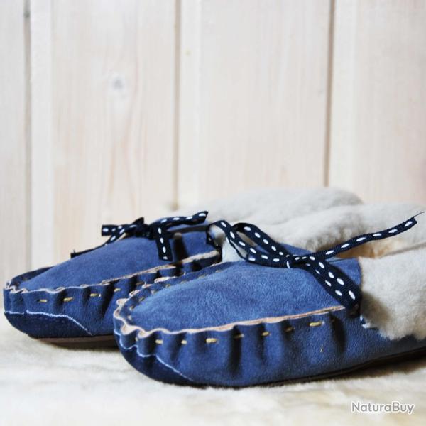 Chaussons mocassins femme chauds en peau d agneau bleu marine navy