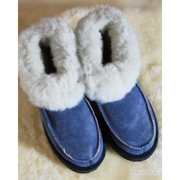 Chaussons chauds en peau de mouton Femme et Homme bleu marine navy