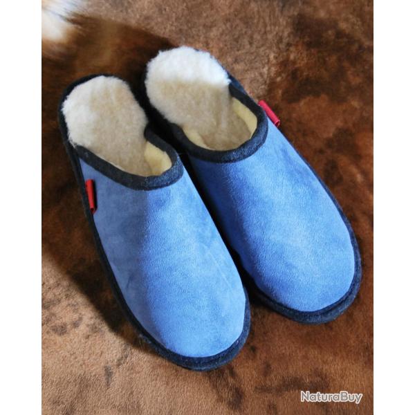 Chaussons homme chauds mules nordiques en peau d agneau bleu marine navy