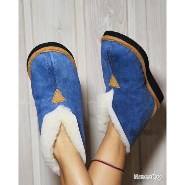 Chaussons Femme et Hommes chauds et hauts en peau d agneau bleu marine navy