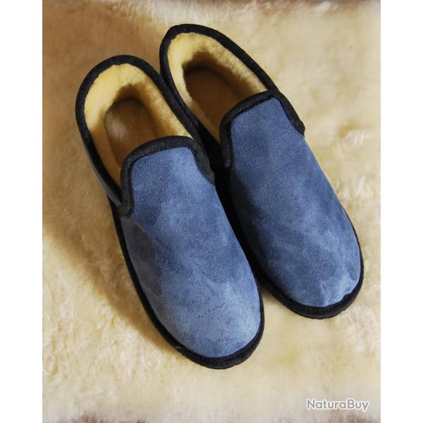 Chaussons chauds charentaises Homme et femme en peau de mouton bleu marine navy