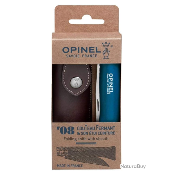 Opinel Couteau de poche N�08 acier inoxydable + �tui bois h�tre vernis bleu