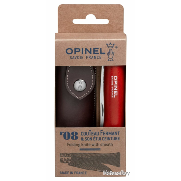 Opinel Couteau de poche N�08 acier inoxydable + �tui bois h�tre vernis rouge