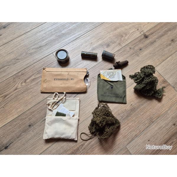 stick camouflage, kit gaz Mask, lunette d�contamination, ceinturon US, navette fusil, 2 filet casque