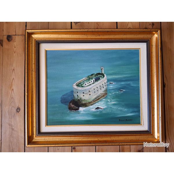 Huile sur toile de Roland Rochefort sign� et encadr� Fort Boyard en Charente Maritime 58 X 50 cm