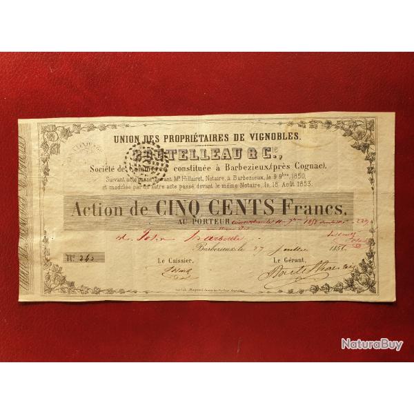 Action de 500 francs or Boutelleau Cognac vignobles 1856 Charentes avec cachets et historique