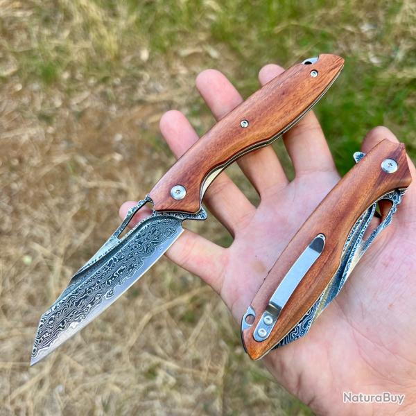 Couteau pliant acier damas noir bois roulement bille linerlock #313