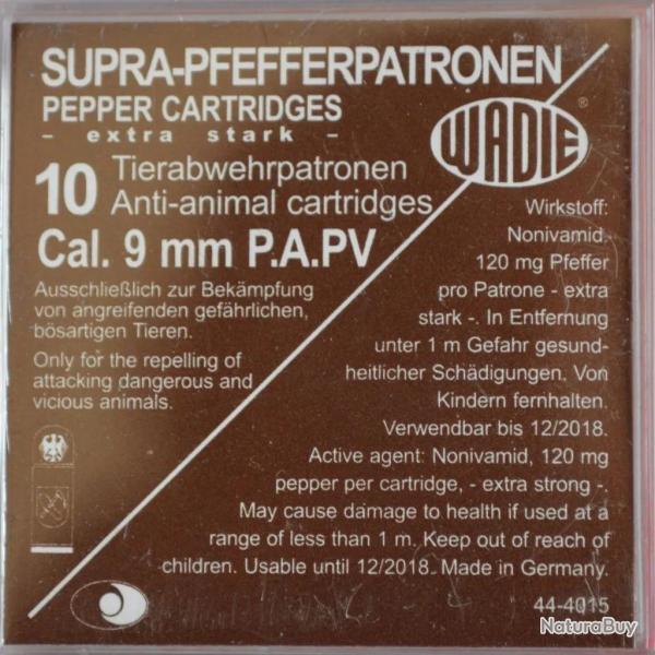 Cartouches Supra Pepper Gaz PA PV - Cal. 9 mm x10
