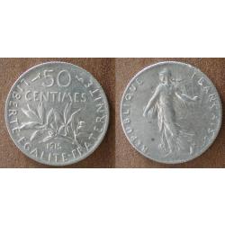 France 50 Centimes 1915 Piece Argent Semeuse Centime