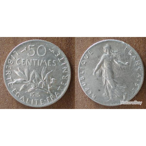 France 50 Centimes 1915 Piece Argent Semeuse Centime